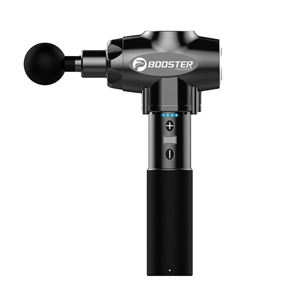 Black and white deep tissue massage gun with adjustable speed settings on a 1800-3200rpm scale.