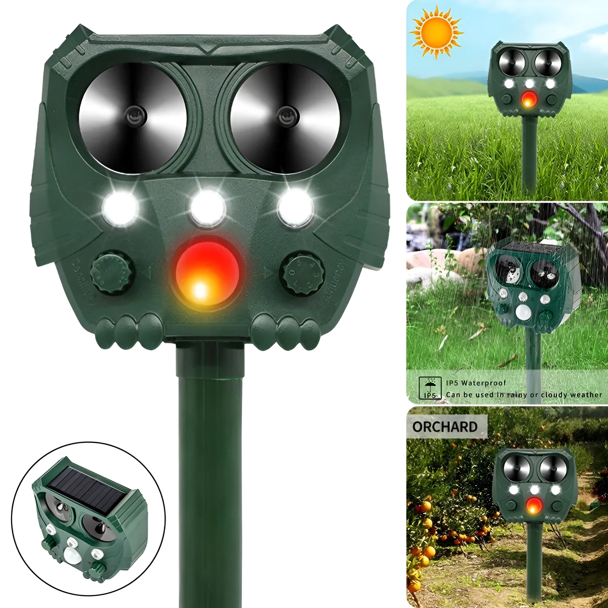 Green solar ultrasonic animal repeller device for outdoor garden pest control