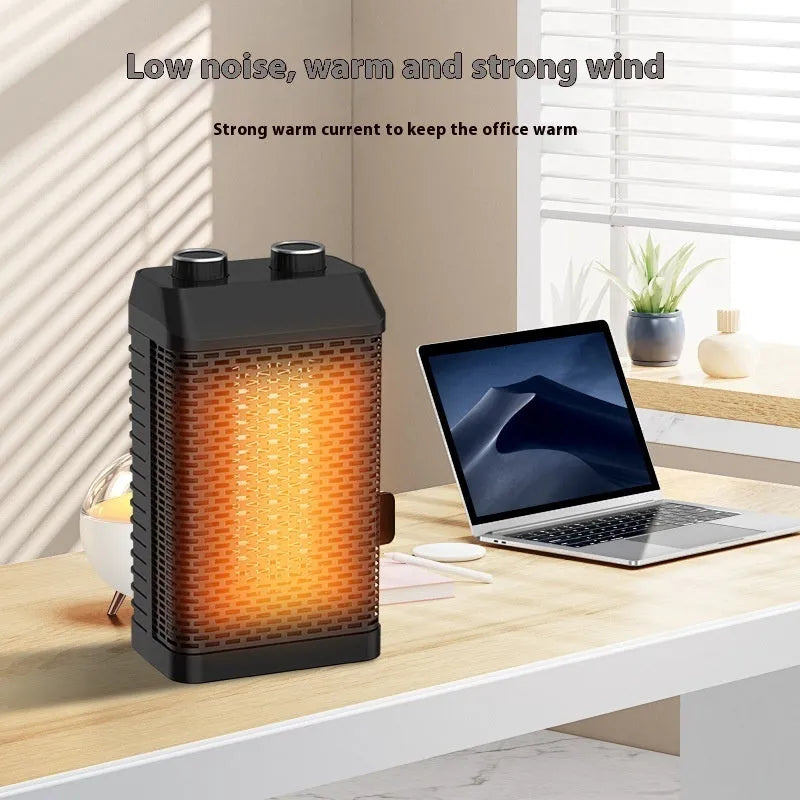 Black remote control desktop heater with compact design showing control knobs and air vents