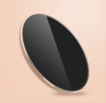 Ultra-thin aluminium wireless charger in golden finish showing LED indicator and Micro USB port