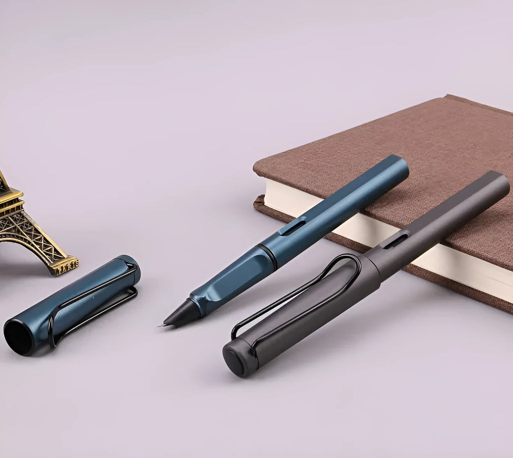 Fountain pen with frosted ink bag in black or blue, showing 0.38mm and 0.5mm nib options