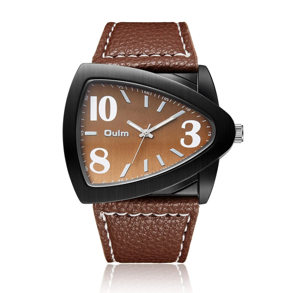 Men's casual watch with a triangular brown leather belt and silver case.