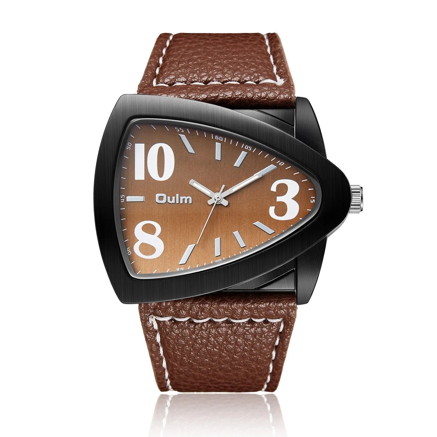 Men's casual watch with a triangular brown leather belt and silver case.