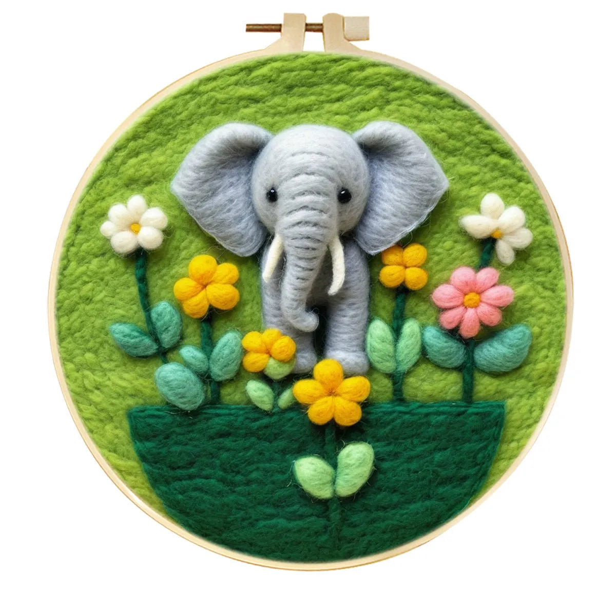 Round linen embroidery kit with wool felt materials for three-dimensional floral design
