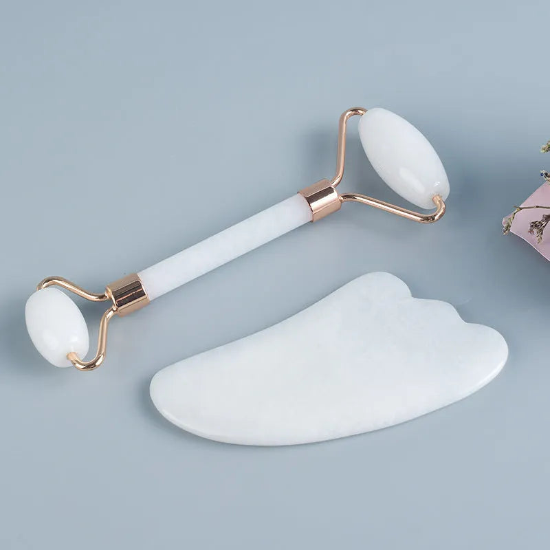 White jade double-headed roller and scraping board set for facial and body massage