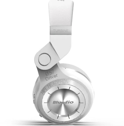 Blue String T2 over-ear Bluetooth headset in black with rotary folding metal design.