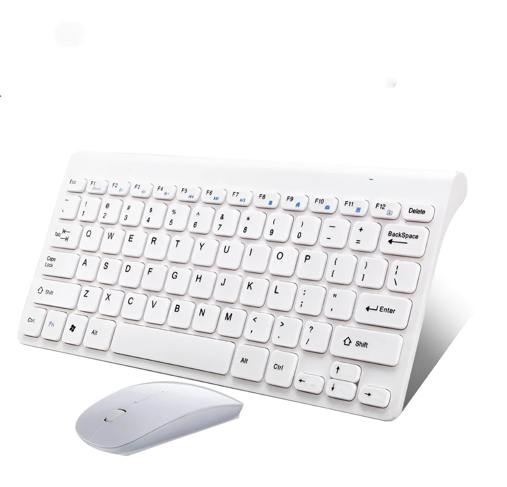 Black and white wireless keyboard and mouse set with USB receiver on a desk.