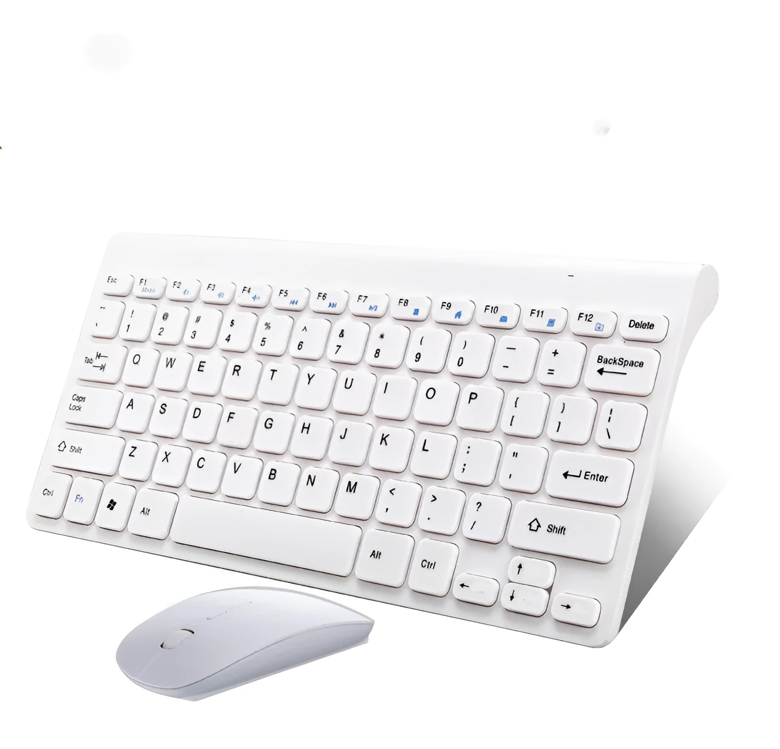 Black and white wireless keyboard and mouse set with USB receiver on a desk.