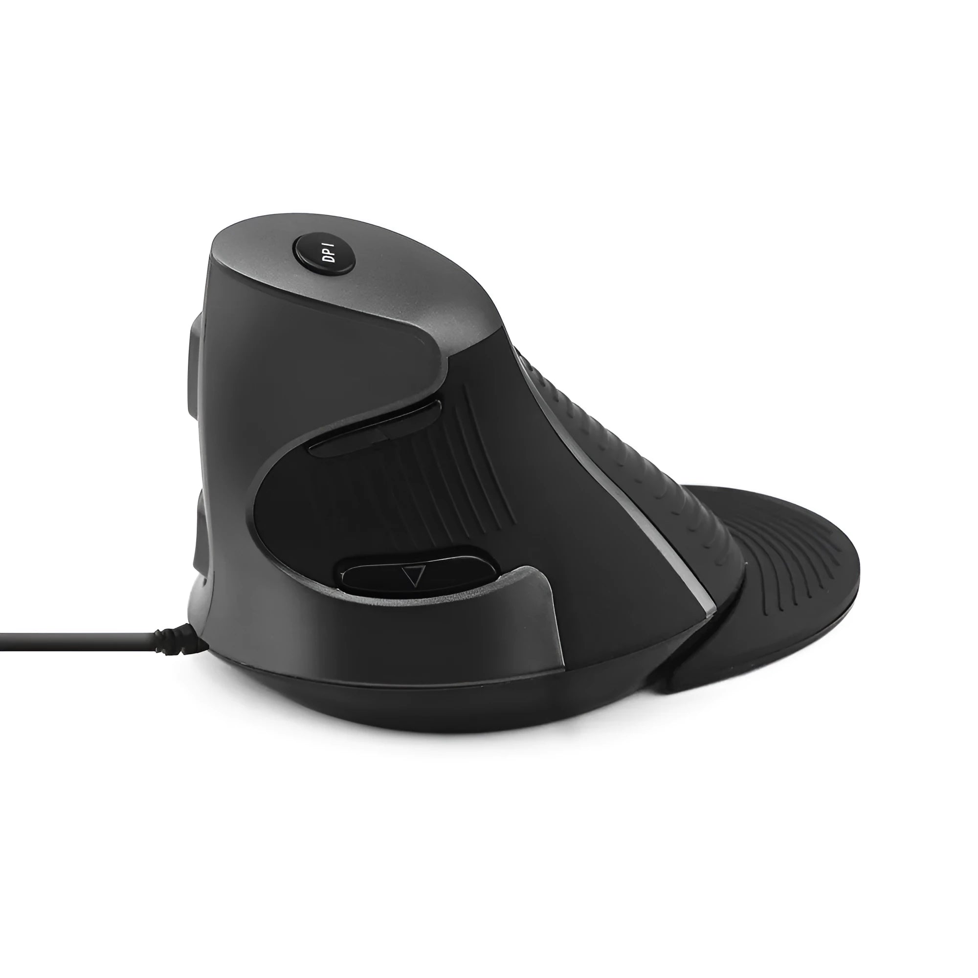 Right-handed black ergonomic vertical mouse with USB cable on a desktop.