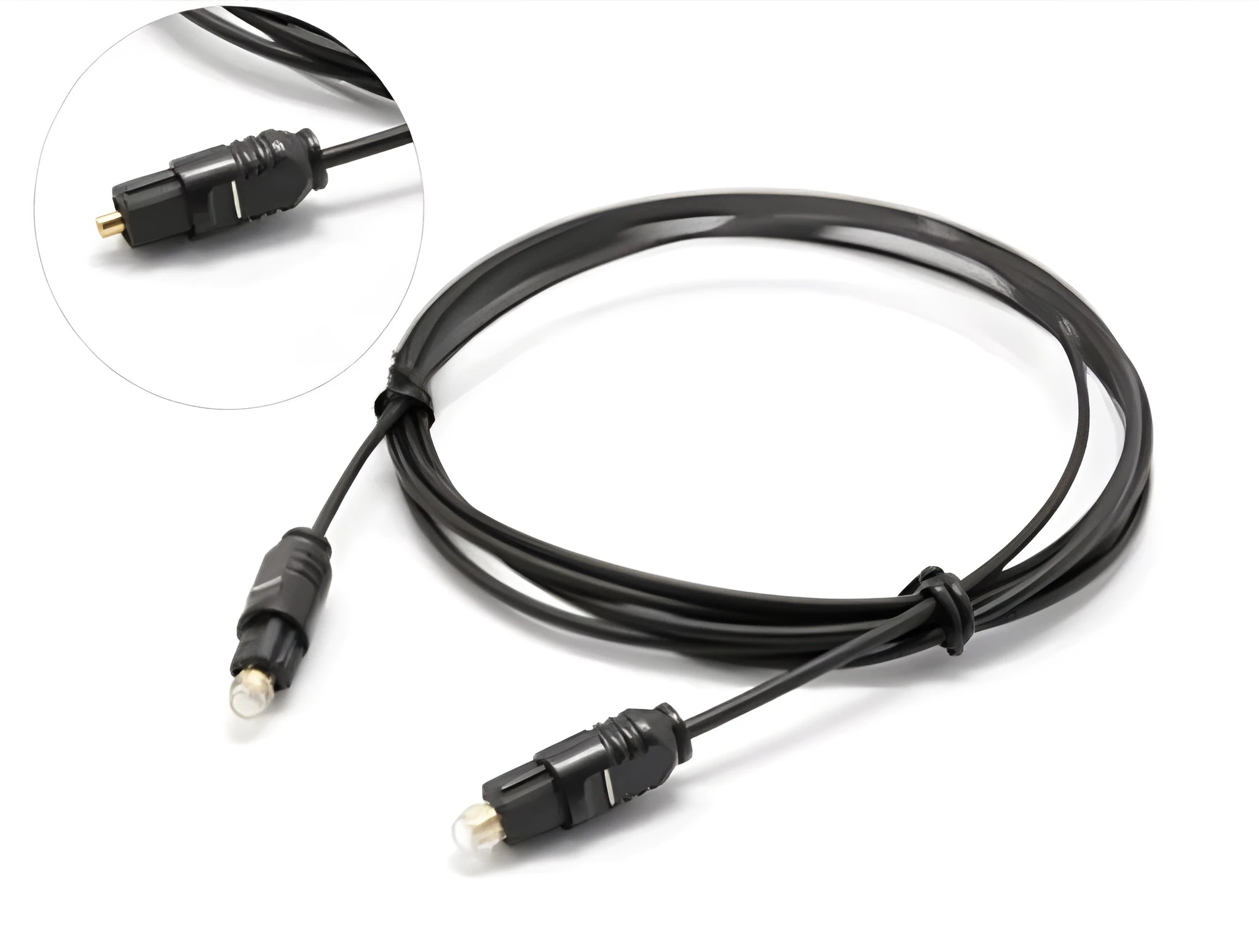 OD2.2 optical digital audio cable (TOSLINK) with square connector on a white background.