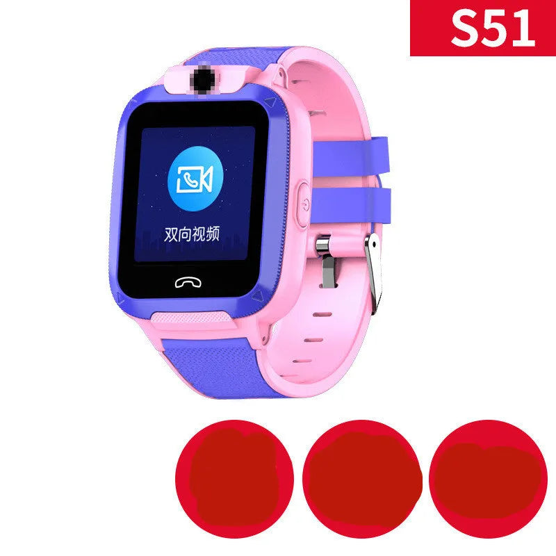 Blue children's smartwatch with a silicone strap showing a video call interface on its 1.44-inch screen.