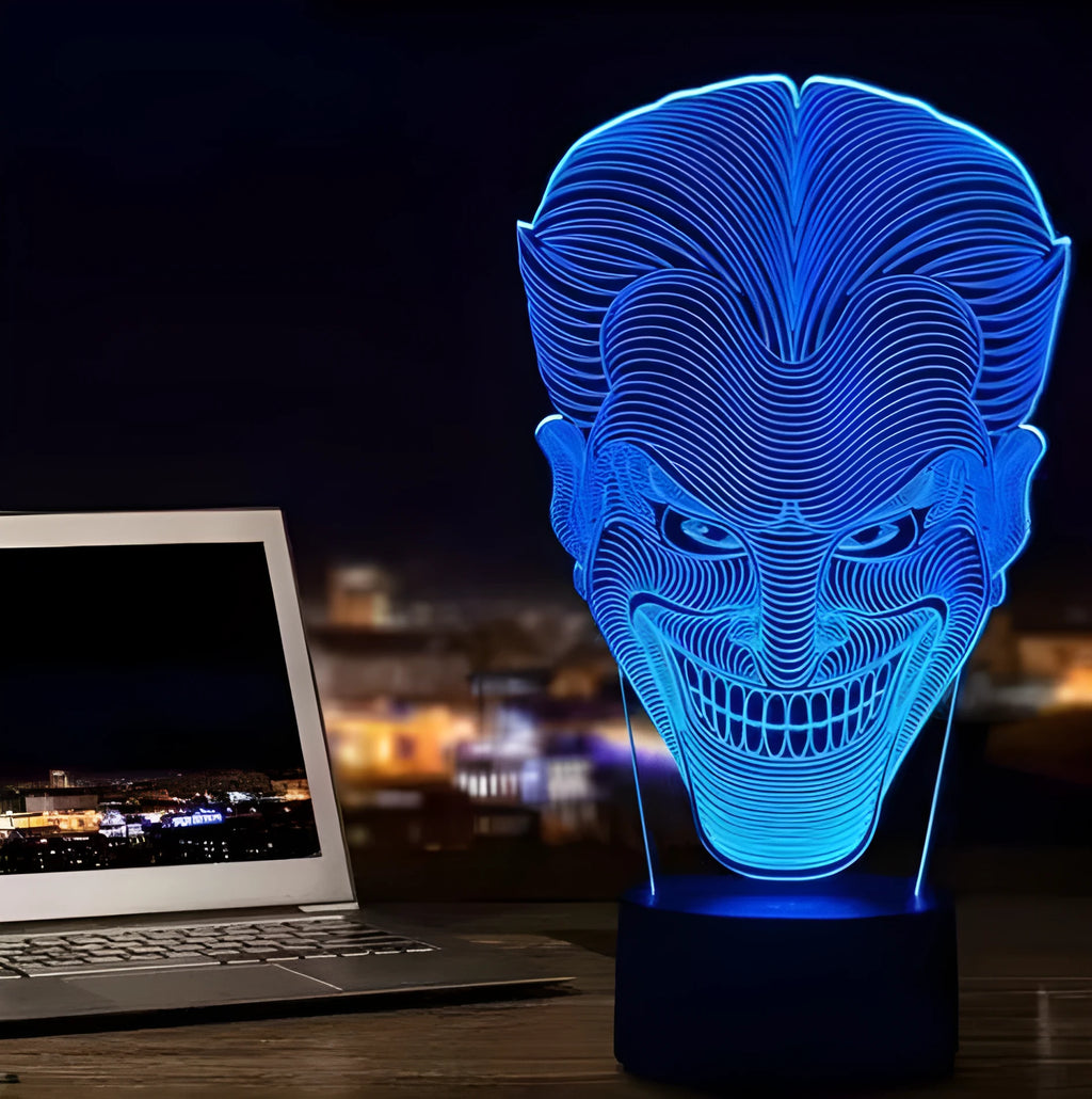 3D acrylic LED table lamp showing colour gradient with remote control and USB cable