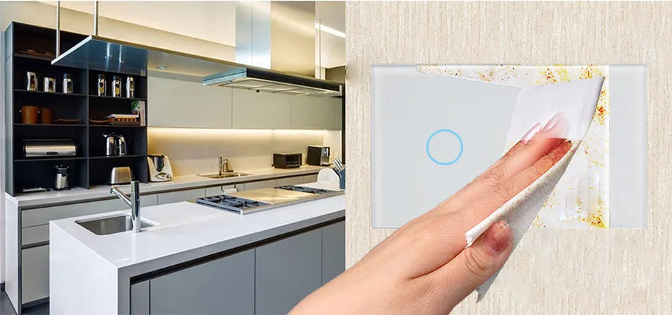 2-gang RF remote control touch light switch with tempered glass panel in white, black or gold finish