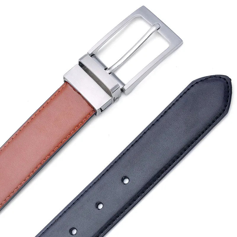 Men's brown black genuine leather belt with rotating alloy pin buckle showing length options
