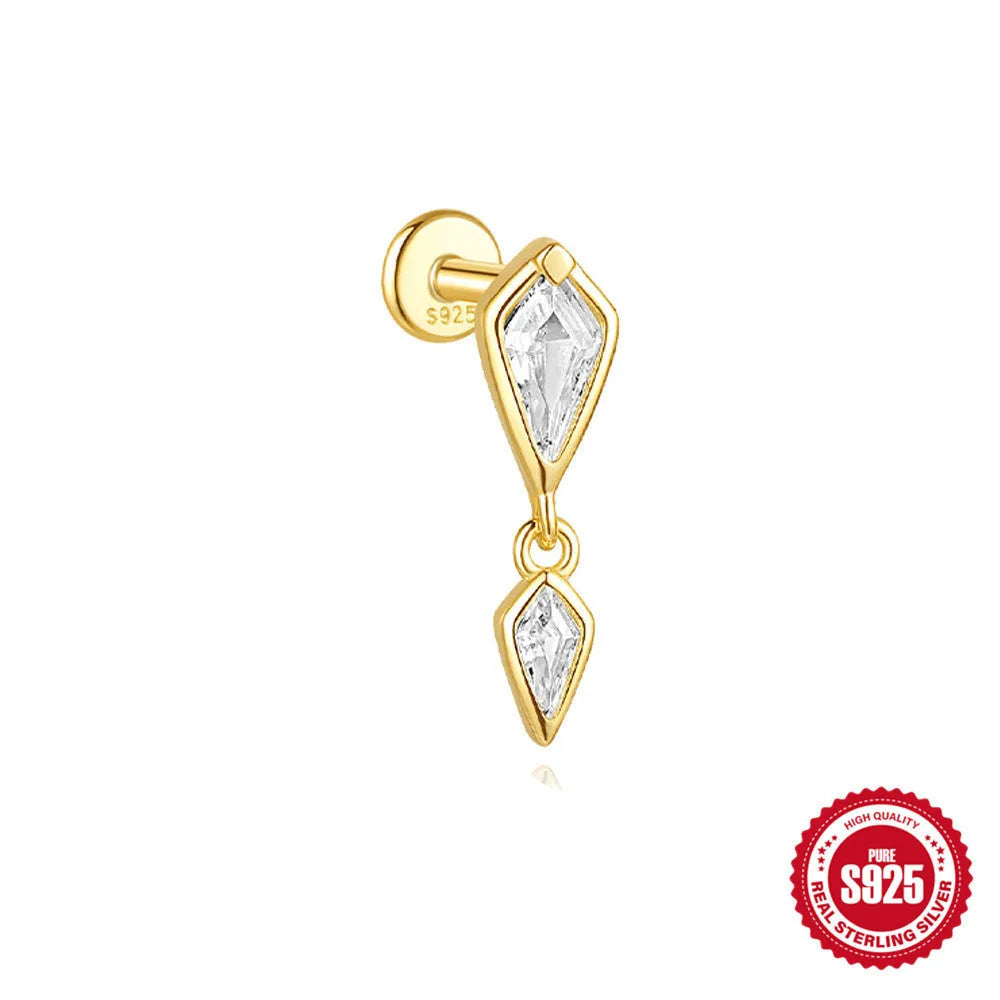 S925 sterling silver geometric kite earrings with rhinestones and chain tassel in gold tone
