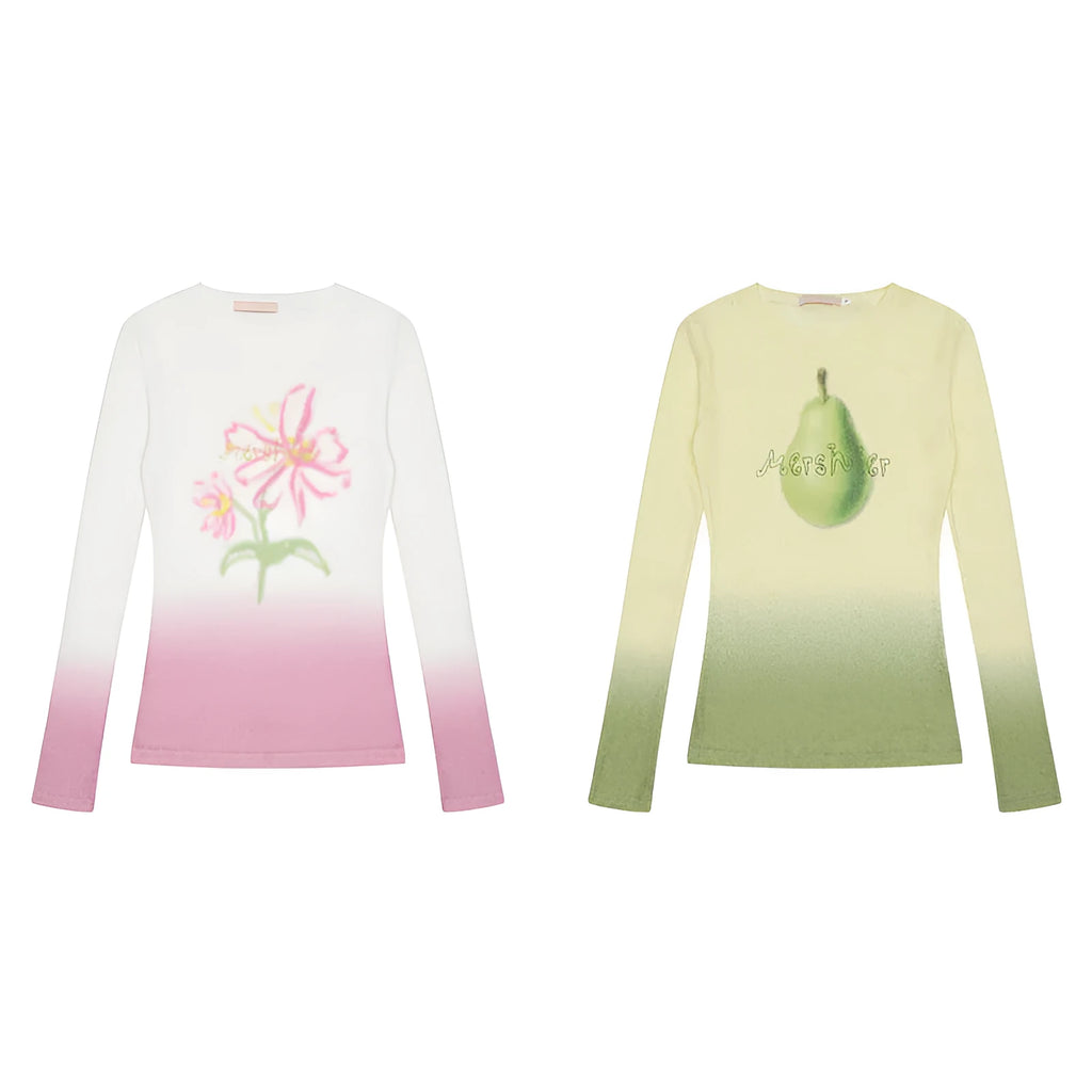 Yellow green women's long sleeve T-shirt with a gradient floral print pattern.