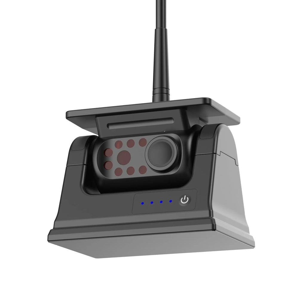 Solar wireless charging vehicle reversing camera with aluminium alloy shell and magnet on black mount.