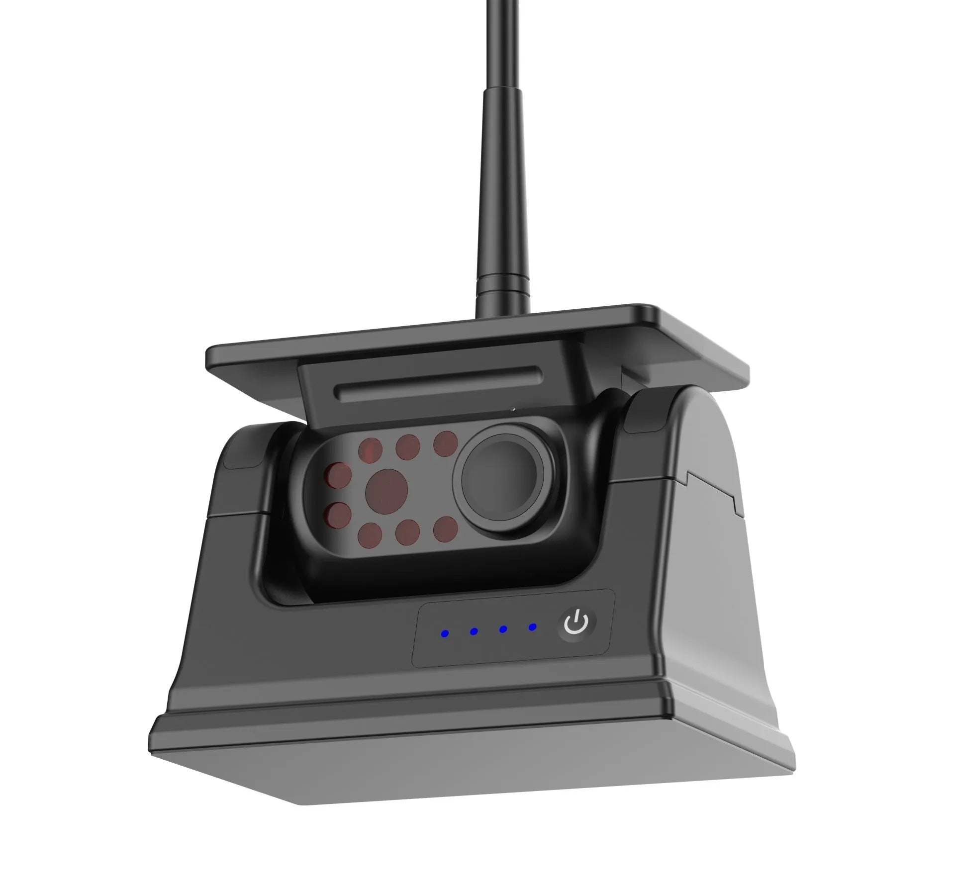 Solar wireless charging vehicle reversing camera with aluminium alloy shell and magnet on black mount.