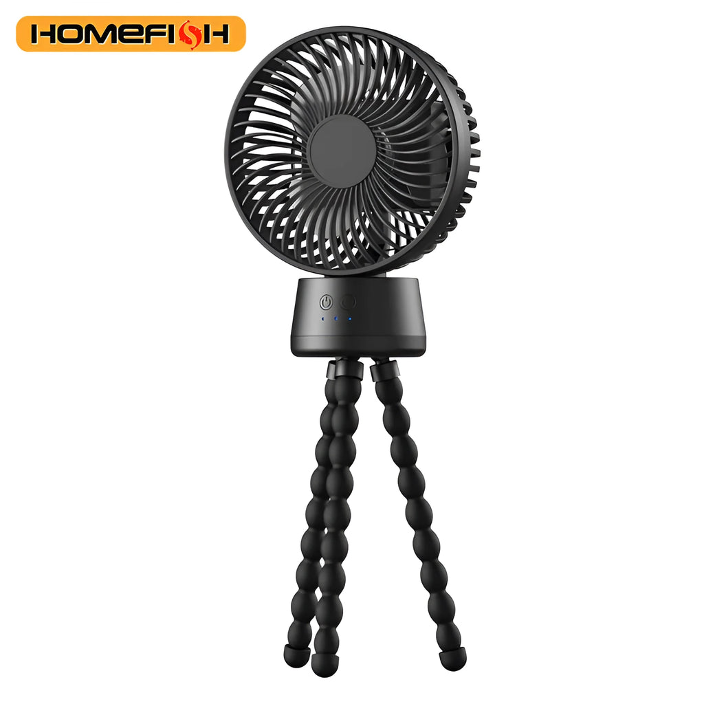 HOMEFISH F2 automatic shaking head portable fan with LED light on an adjustable bracket.