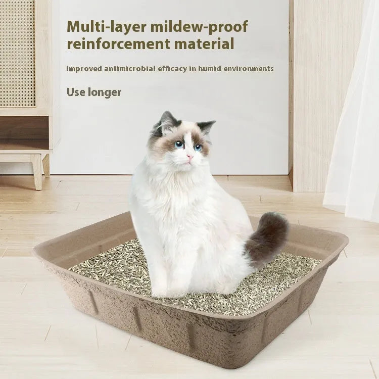 Brown disposable biodegradable cat litter box showing three size options with waterproof liner