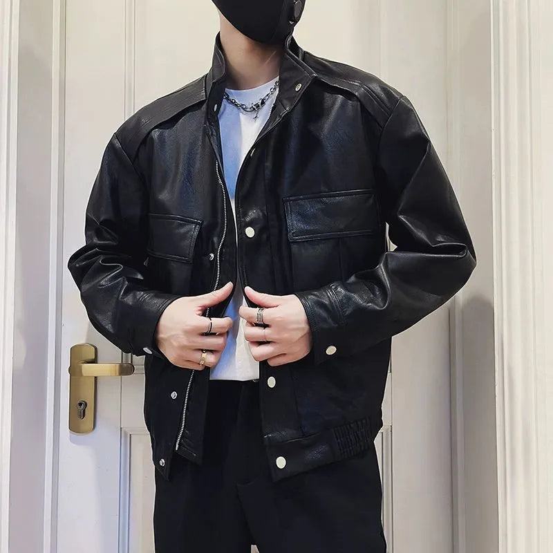 Men's black PU leather pilot jacket with straight hem and side seam pockets, Korean style.