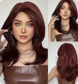 Mid-length curly synthetic wig with bangs in a wine red, brown, and white gold gradient colour.