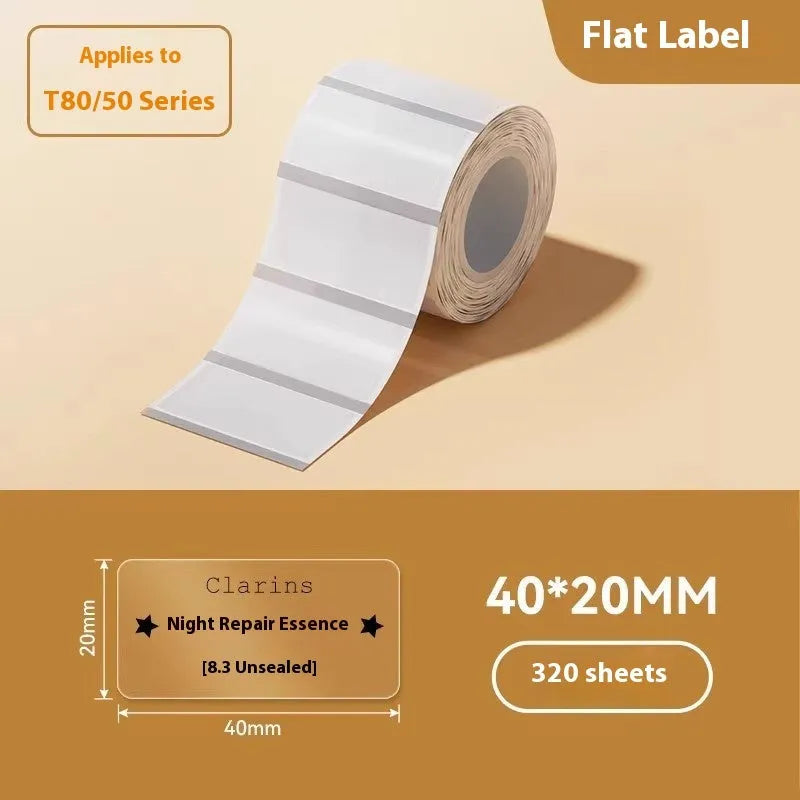Roll of transparent waterproof adhesive labels showing rectangular and round sizes on thermal synthetic paper.
