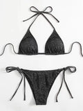Women's khaki gold split bandage bikini swimsuit set on a model, showing the top and briefs.