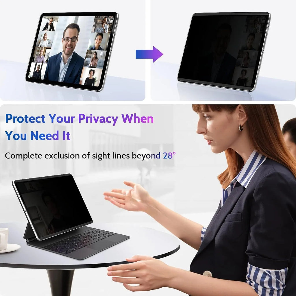 Magnetic suction anti-peeping screen protector film for iPad with paper-like texture and storage clip.