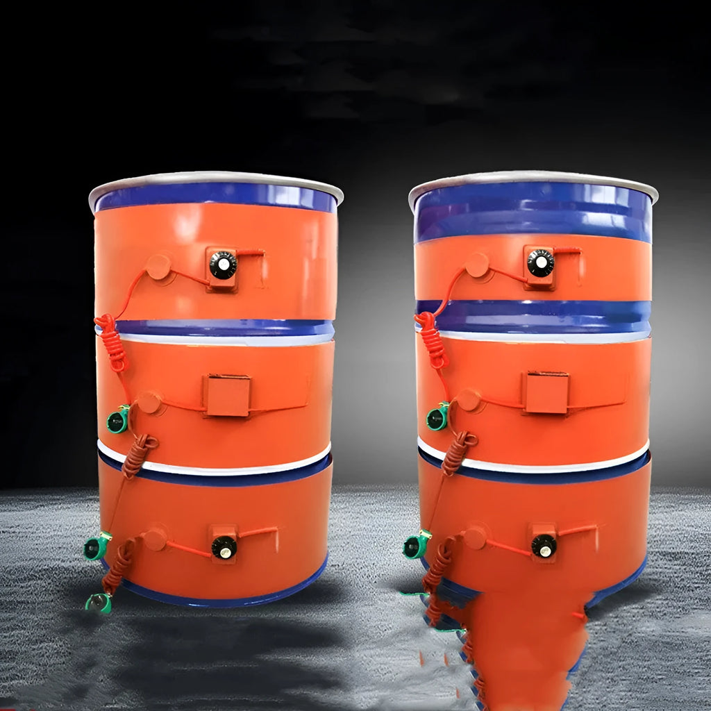 Silicone heating belt wrapped around 200-litre oil drum with digital display control unit