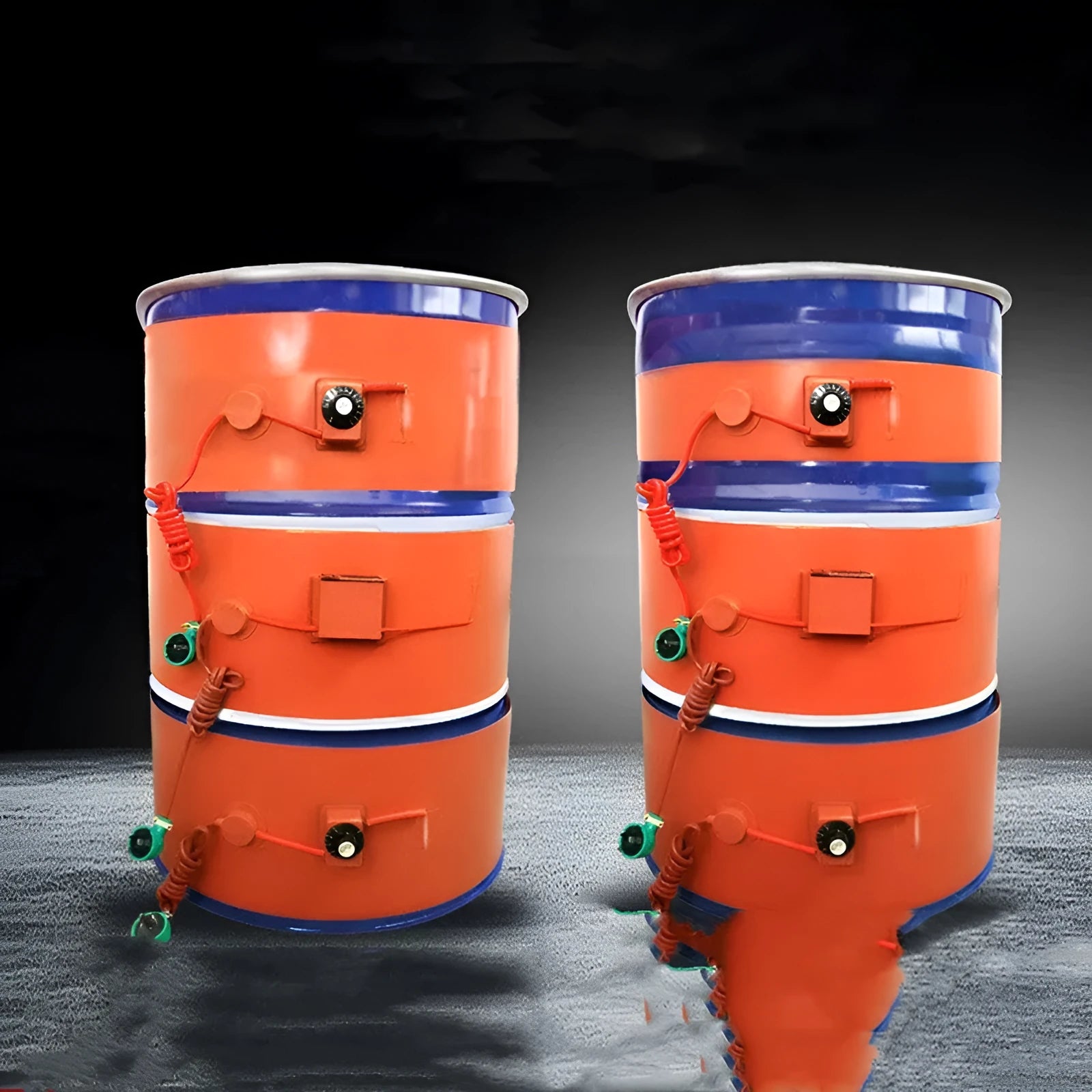 Silicone heating belt wrapped around 200-litre oil drum with digital display control unit