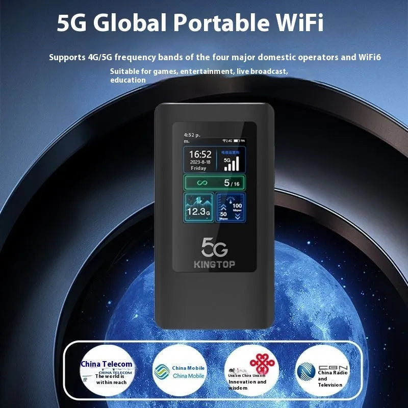 Black 5G portable Wi-Fi router with LCD screen, showing a compact design with a Type-C port and power button.