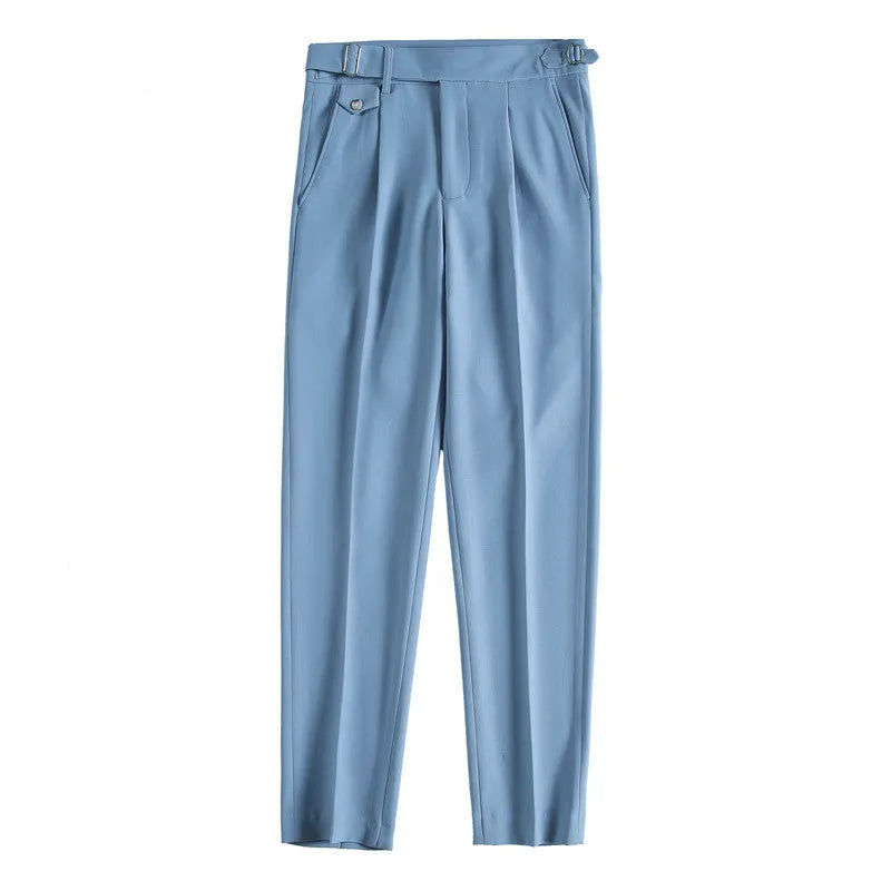 Men's solid colour straight-leg casual trousers in polyester fabric on a hanger.