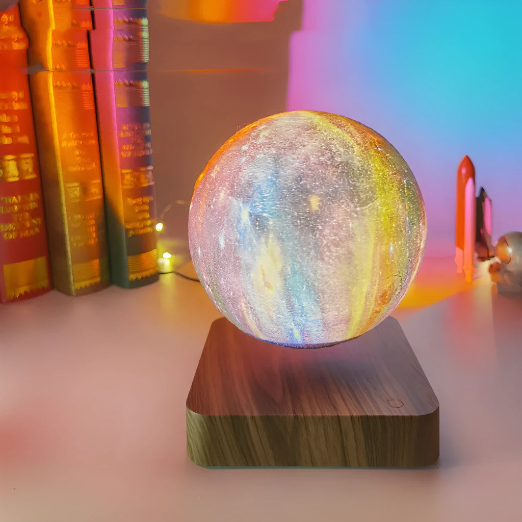 Walnut-coloured magnetic levitation base with a floating, rotating 14cm galaxy moon lamp