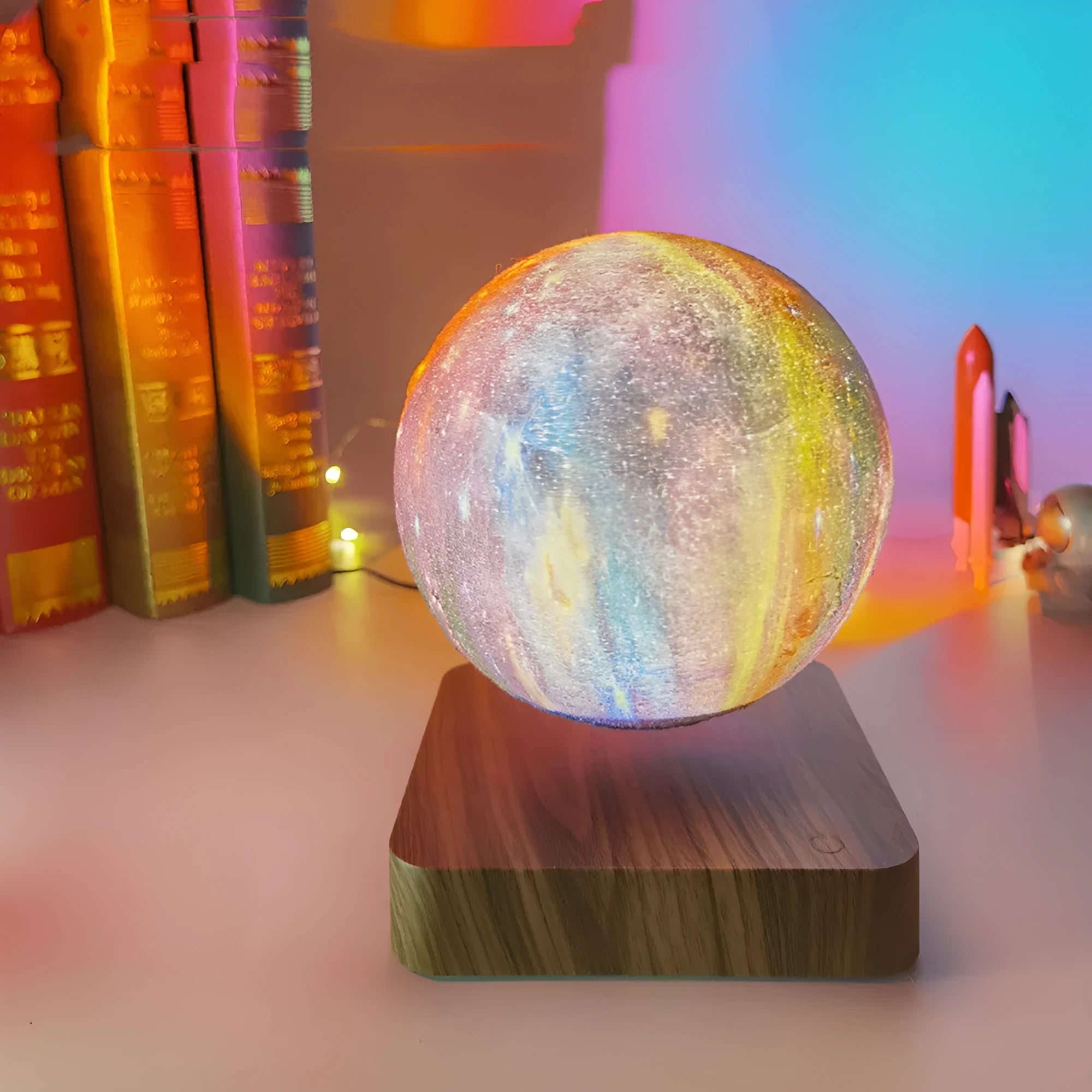 Walnut-coloured magnetic levitation base with a floating, rotating 14cm galaxy moon lamp