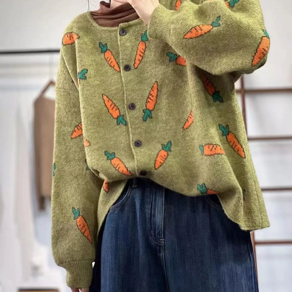 Round neck loose cardigan with Mori artistic colour contrast print, made from viscose fibre.