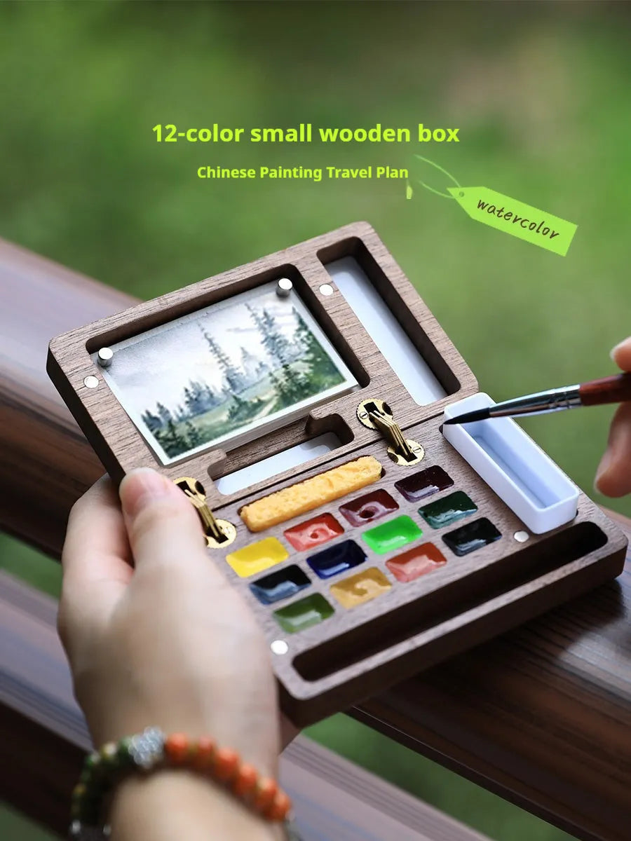 Mini walnut wooden watercolour paint box with professional pigment selection options