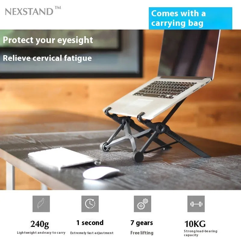 Portable folding laptop bracket in sagacious black showing compact folded dimensions