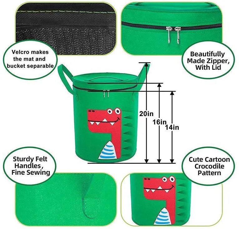 Green felt cube storage bag open as play mat with pull rope closure for toy organisation