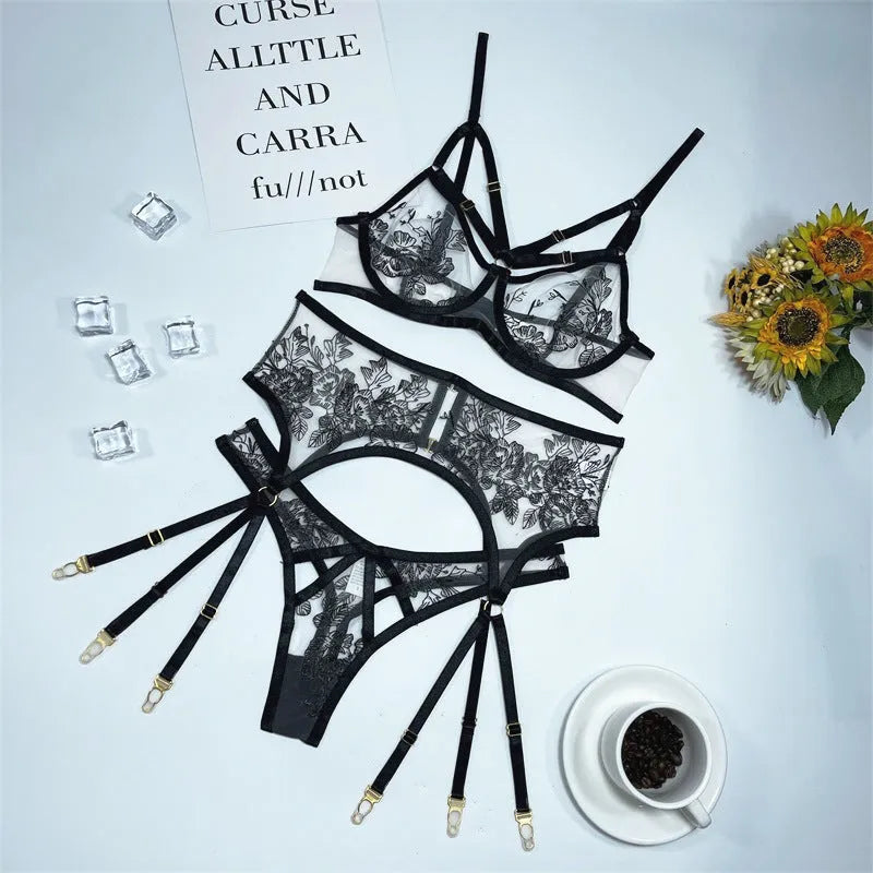 Black lace mesh three-piece set with floral print showing V-neck top, high-waisted pants, and waist ring