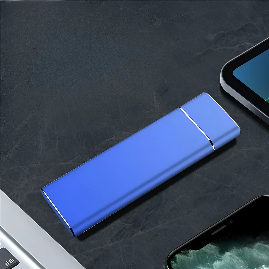 Sapphire blue metal external solid state hard disk with compact rectangular design