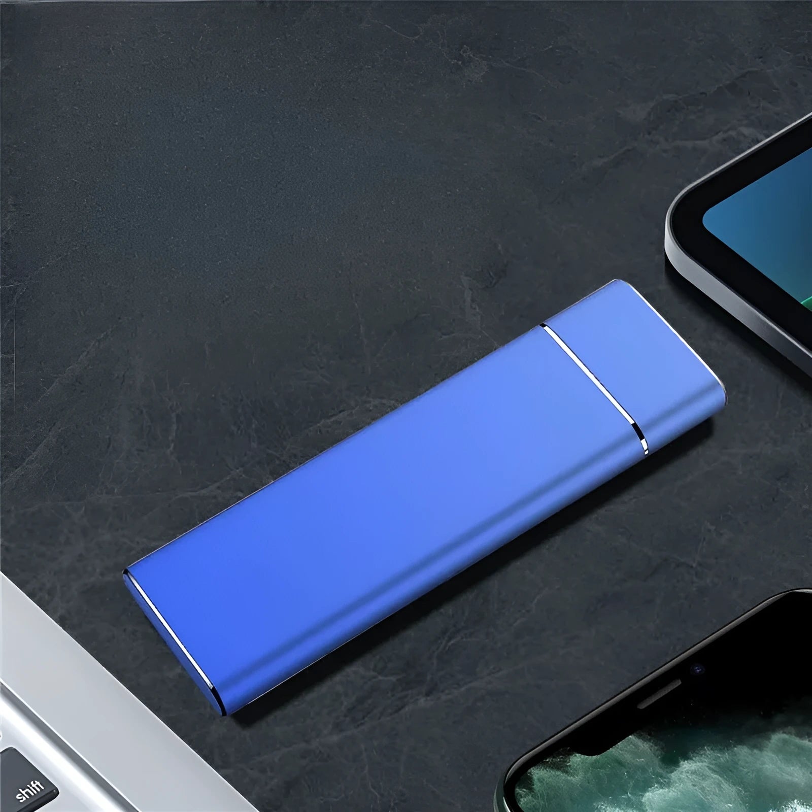 Sapphire blue metal external solid state hard disk with compact rectangular design