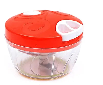 Green manual kitchen chopper with lid, three stainless steel blades visible inside 500ml bowl.