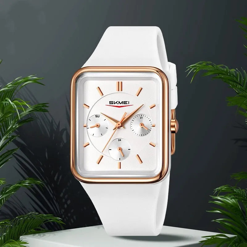 Slim square silicone waterproof watch for girls in white rose gold colour, showing 10.8mm thickness profile