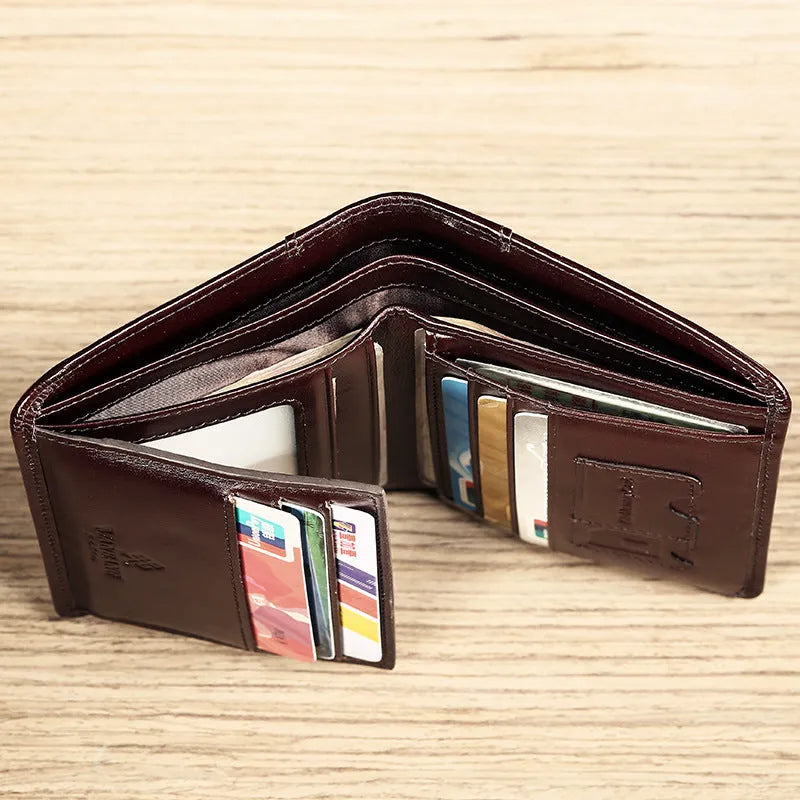 Men's black leather bifold wallet open to show internal card slots, photo window, coin pocket, and banknote compartment.