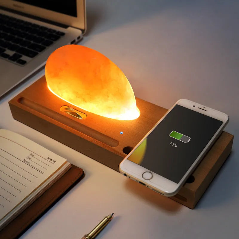 Wireless charging table lamp with natural crystal salt shade on solid beech wood base
