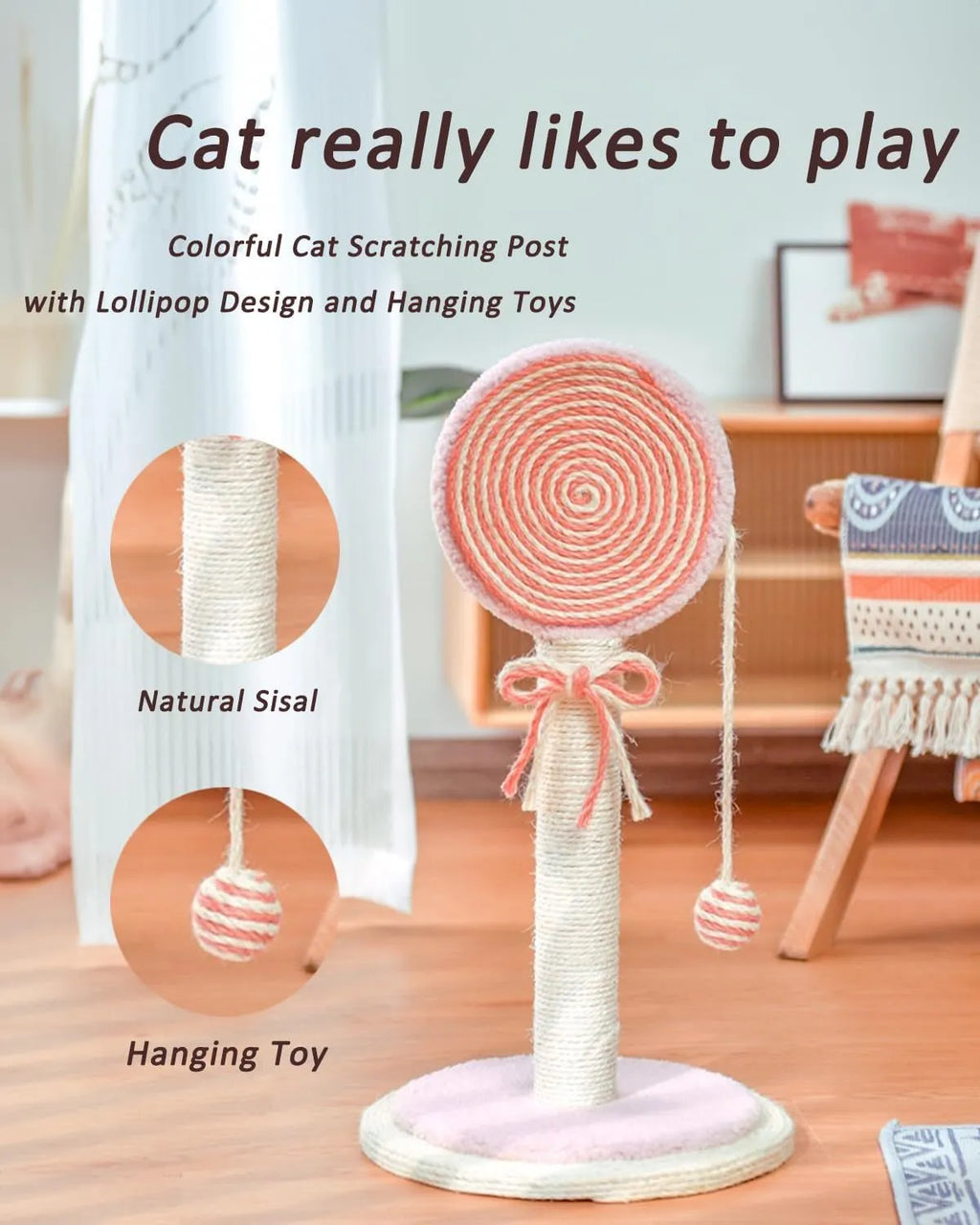 Blue cat scratching post with hanging ball on sturdy wooden base