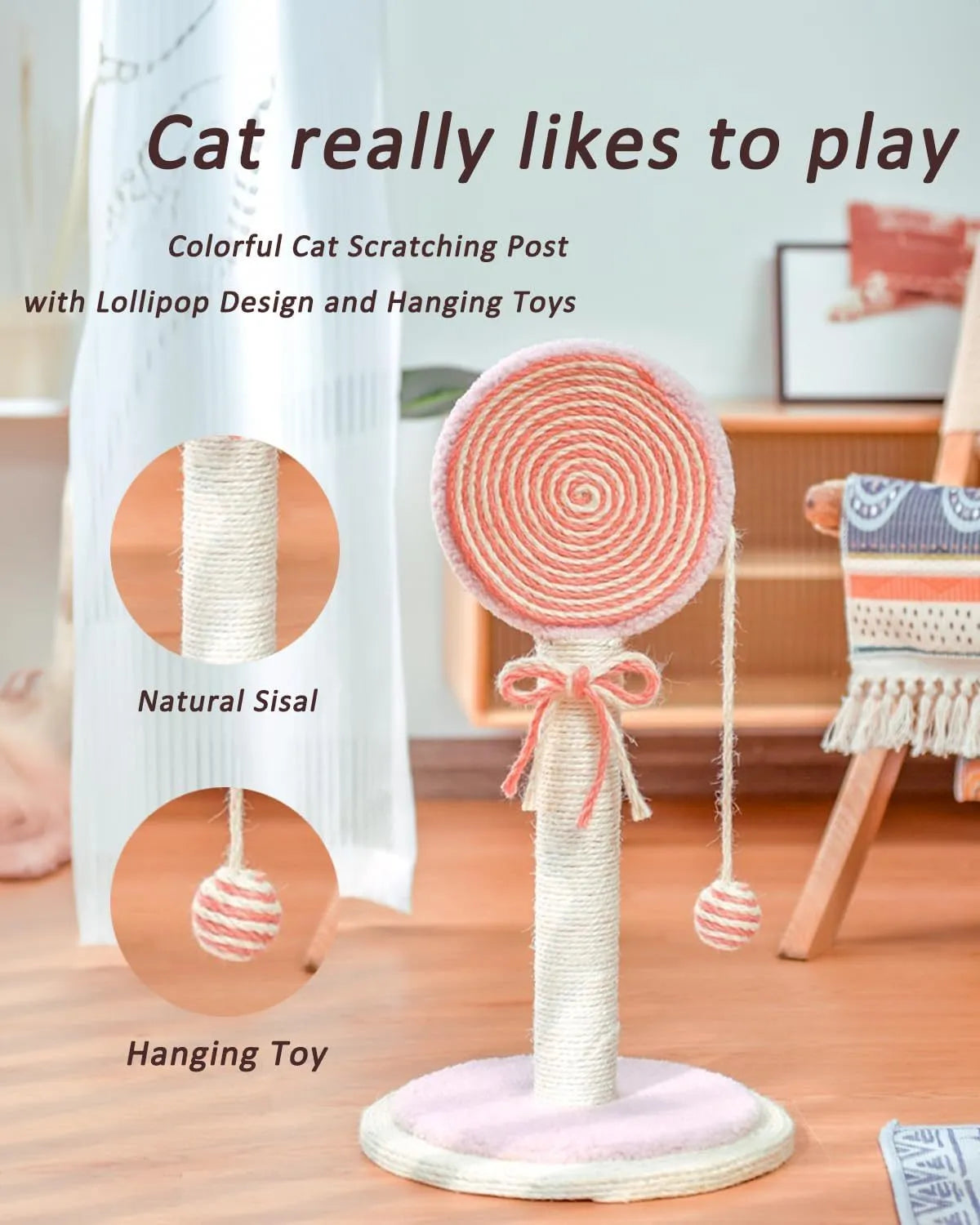 Blue cat scratching post with hanging ball on sturdy wooden base