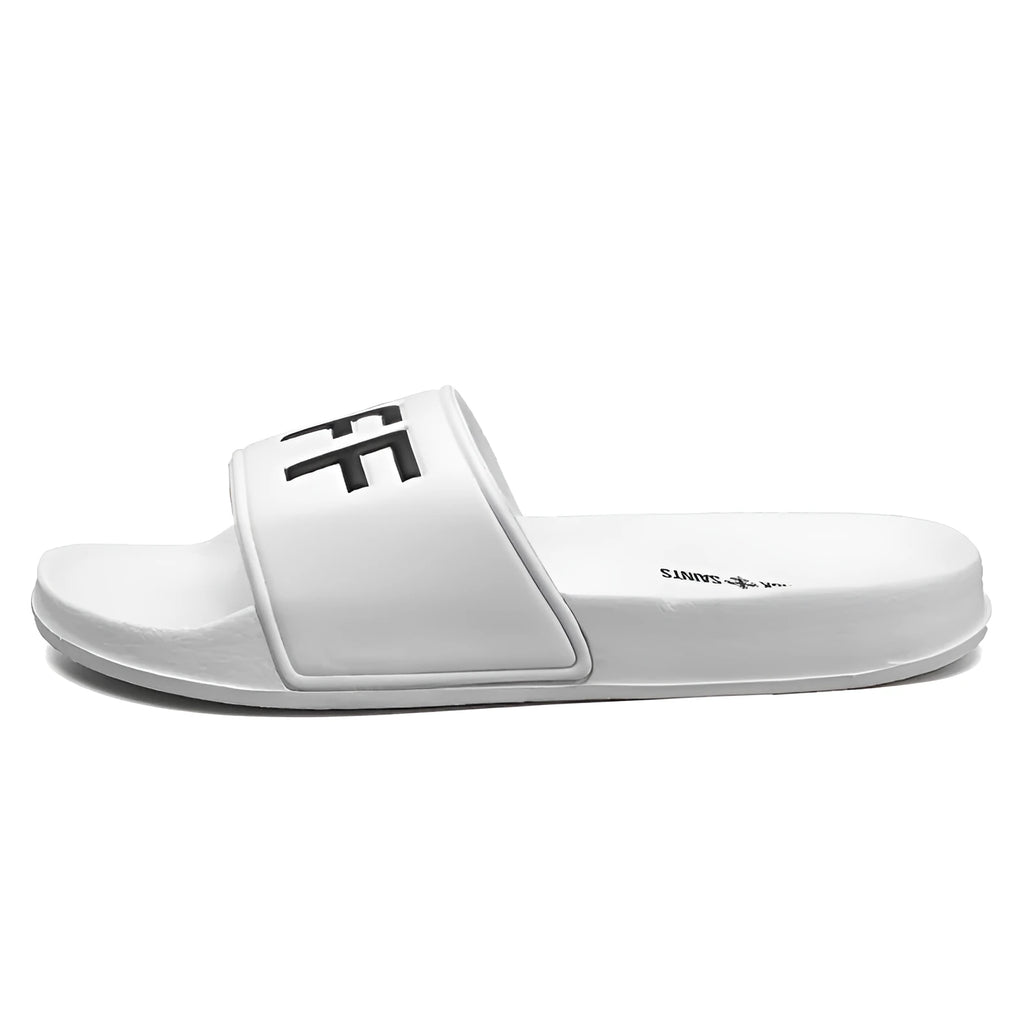 Large size personalised open-toe men's slippers with rubber sole in black and white.