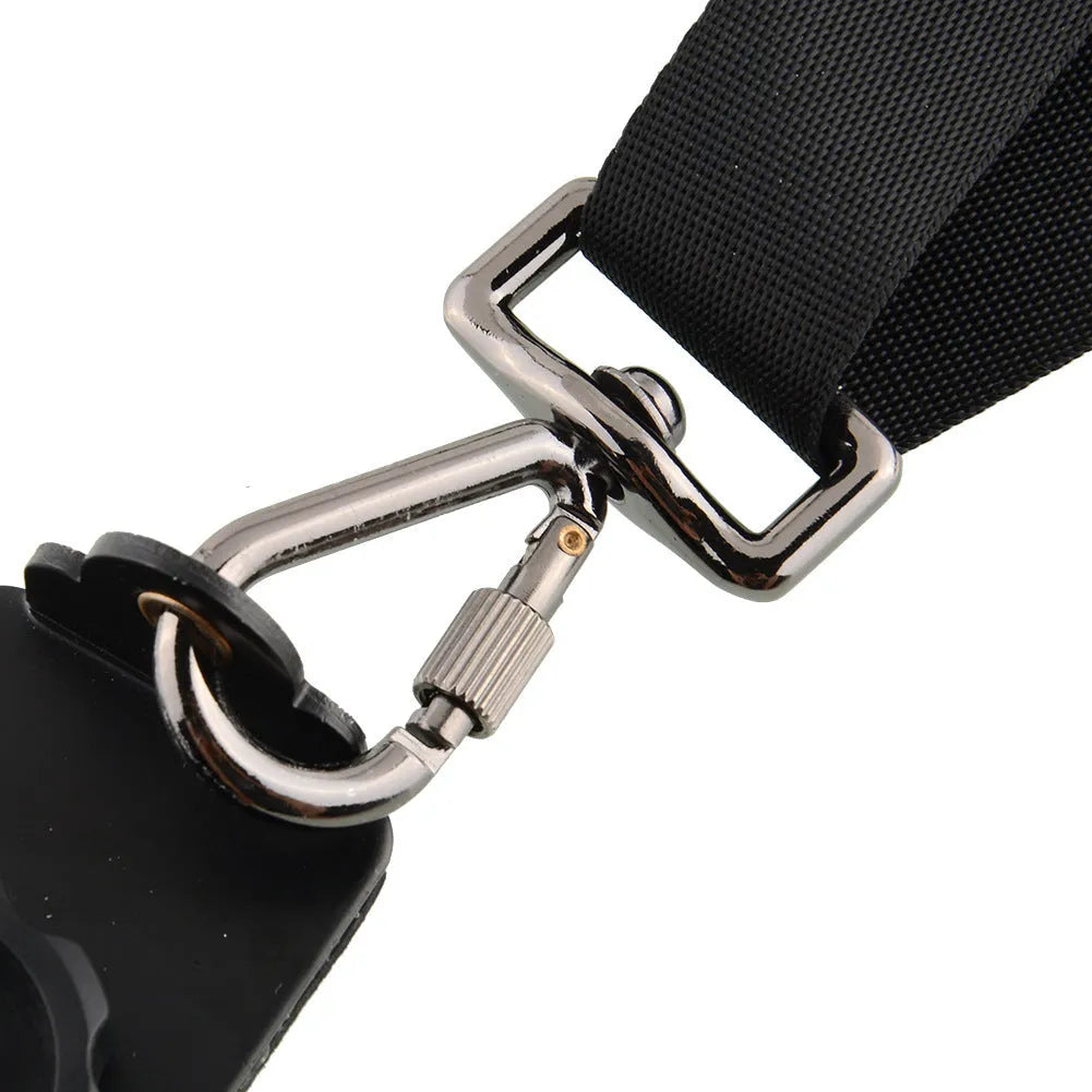 Black dual camera strap for two SLRs, showing thick shoulder sponge and metal connectors.